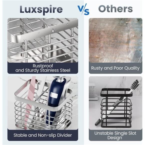 Stainless Steel Toothbrush Holder Wall Mounted Countertop Bathroom Organizer - Picture 5 of 7